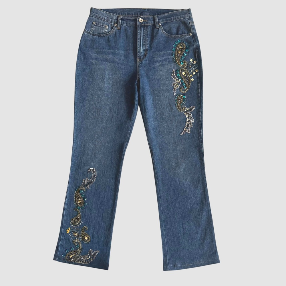 DG2 Diane Gilman Vintage 12 Embellished Sequin Rhinestone Bootcut Jeans Boho Y2K